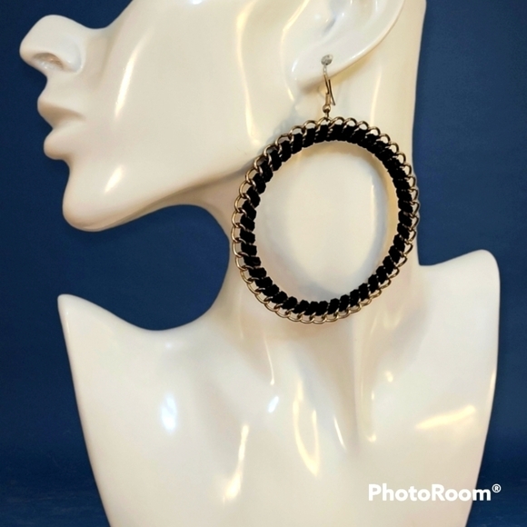 Jumbo Faux Leather Woven Chain Circle Dangle Hook Flamenco Earrings - Picture 1 of 3